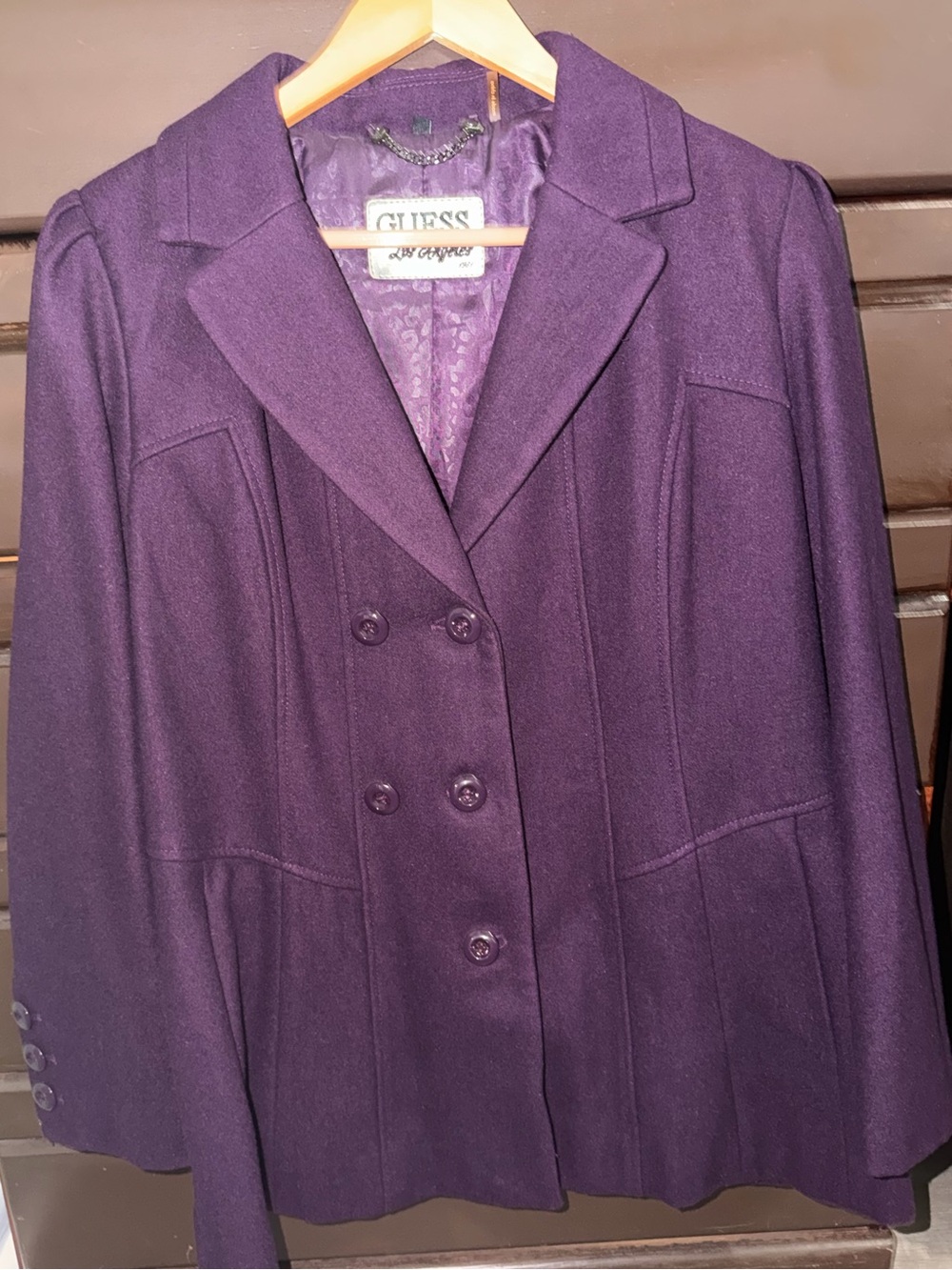 GUESS Purple Double-Breasted Pea Coat
